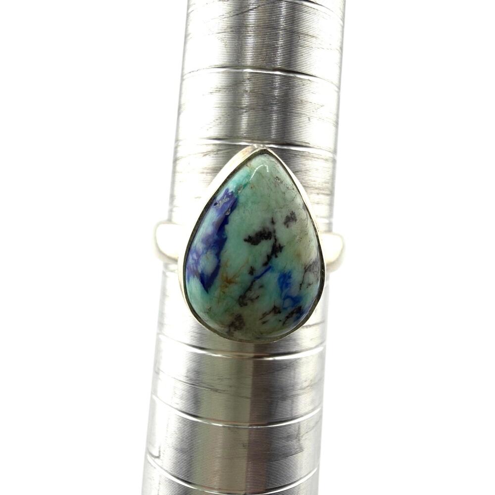 Teardrop Azurite Chrysocolla Sterling Silver Ring Artisan Jewelry 7.5